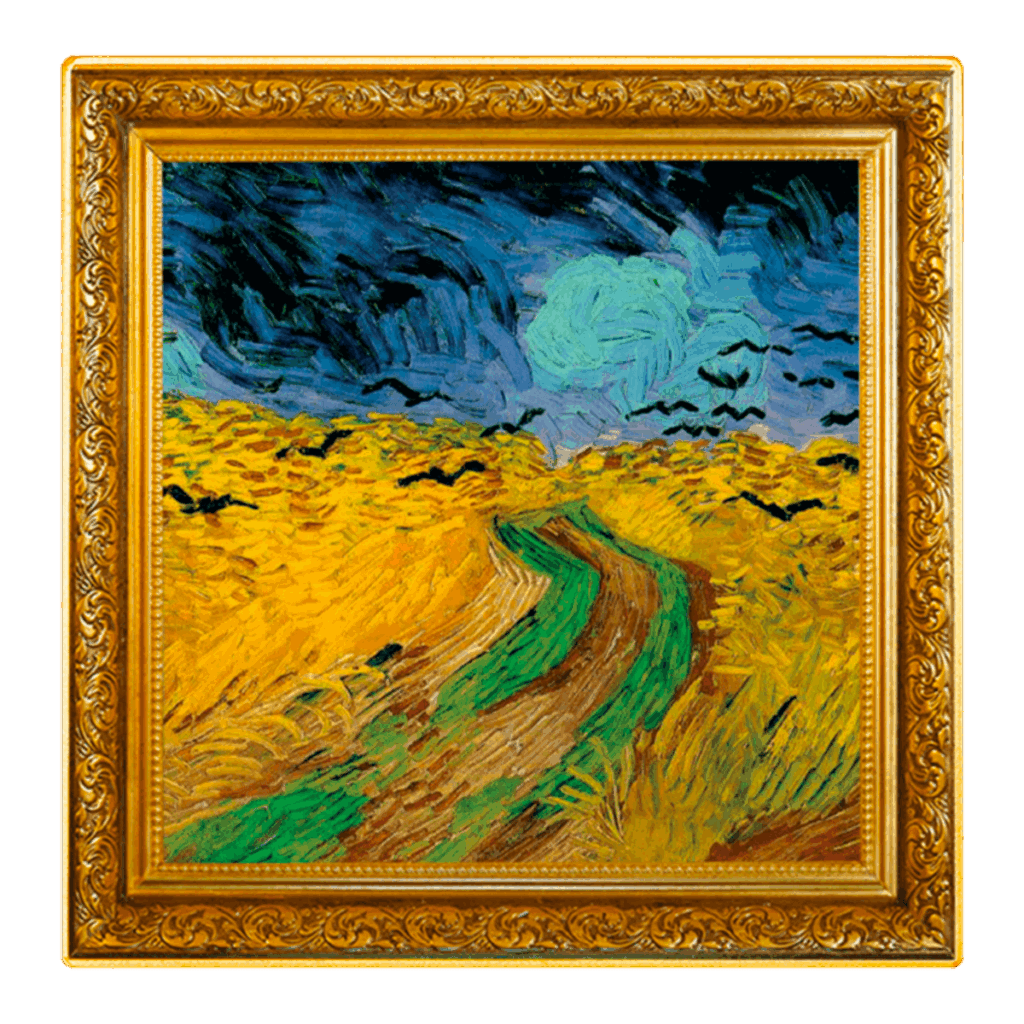 El Vincent van Gogh - Campo de Trigo con Cuervos 1 Dólar muestra un cielo arremolinado, un campo de trigo amarillo, un camino serpenteante y pájaros negros en el icónico estilo expresivo de Van Gogh.