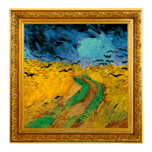 El Vincent van Gogh - Campo de Trigo con Cuervos 1 Dólar muestra un cielo arremolinado, un campo de trigo amarillo, un camino serpenteante y pájaros negros en el icónico estilo expresivo de Van Gogh.