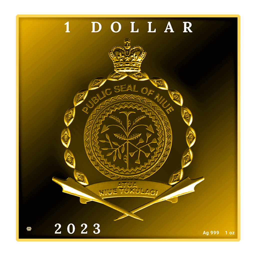 Moneda cuadrada de color dorado denominada "Vincent van Gogh - Campo de Trigo con Cuervos 1 Dólar", en la que figura el Sello Público de Niue con espadas cruzadas, una corona y el texto: 1 DÓLAR, 2023, Ag 999, 1 oz, SELLO PÚBLICO DE NIUE ATUA NIUE TUKULAGI.