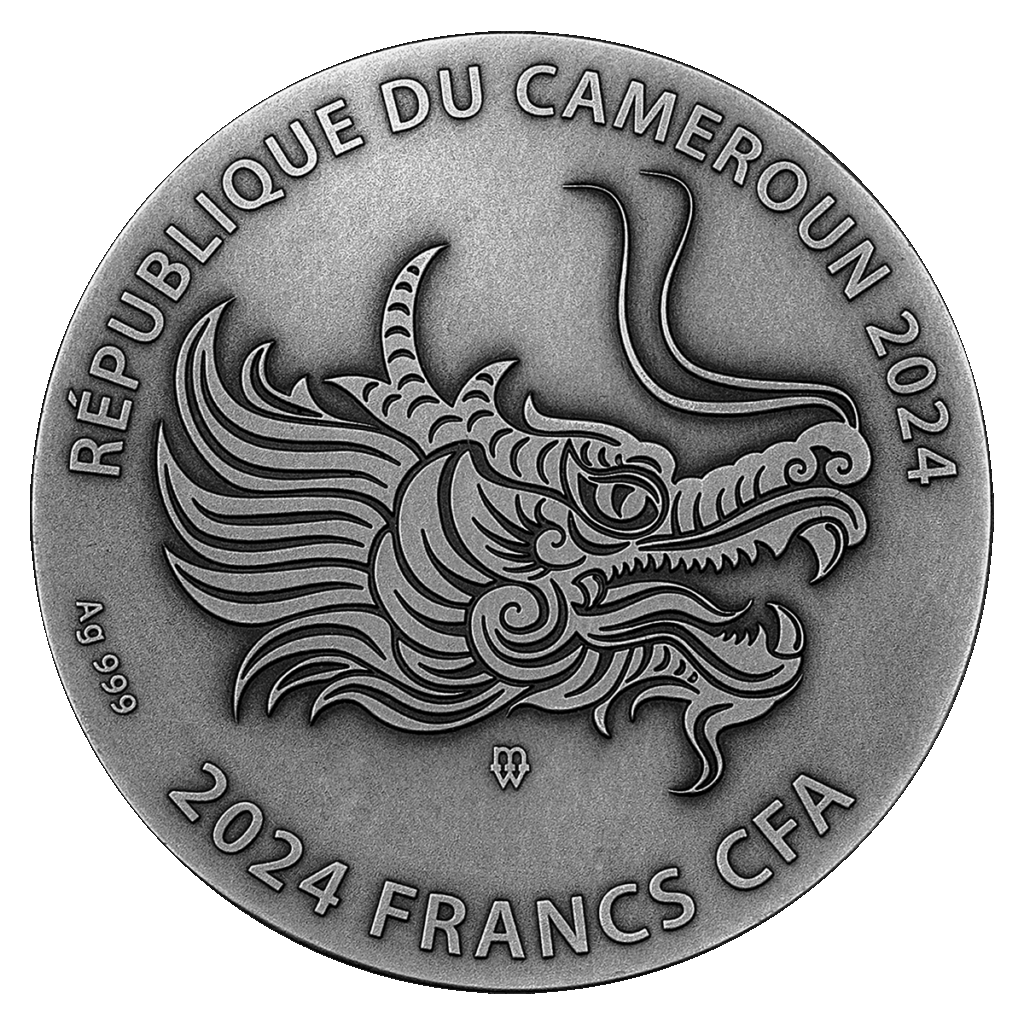 El "Año del Dragón 2024 Francos CFA" es una moneda de plata con una intrincada cabeza de dragón, inscrita con "RÉPUBLIQUE DU CAMEROUN 2024" en la parte superior, "2024 FRANCS CFA" debajo, más Ag 999.9 y un pequeño punzón.