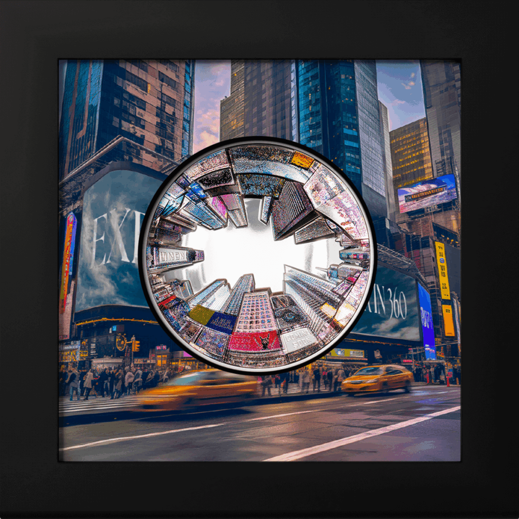 Moneta argento 3oz da collezione vista su New York a 360° raffigurata insieme al suo box.