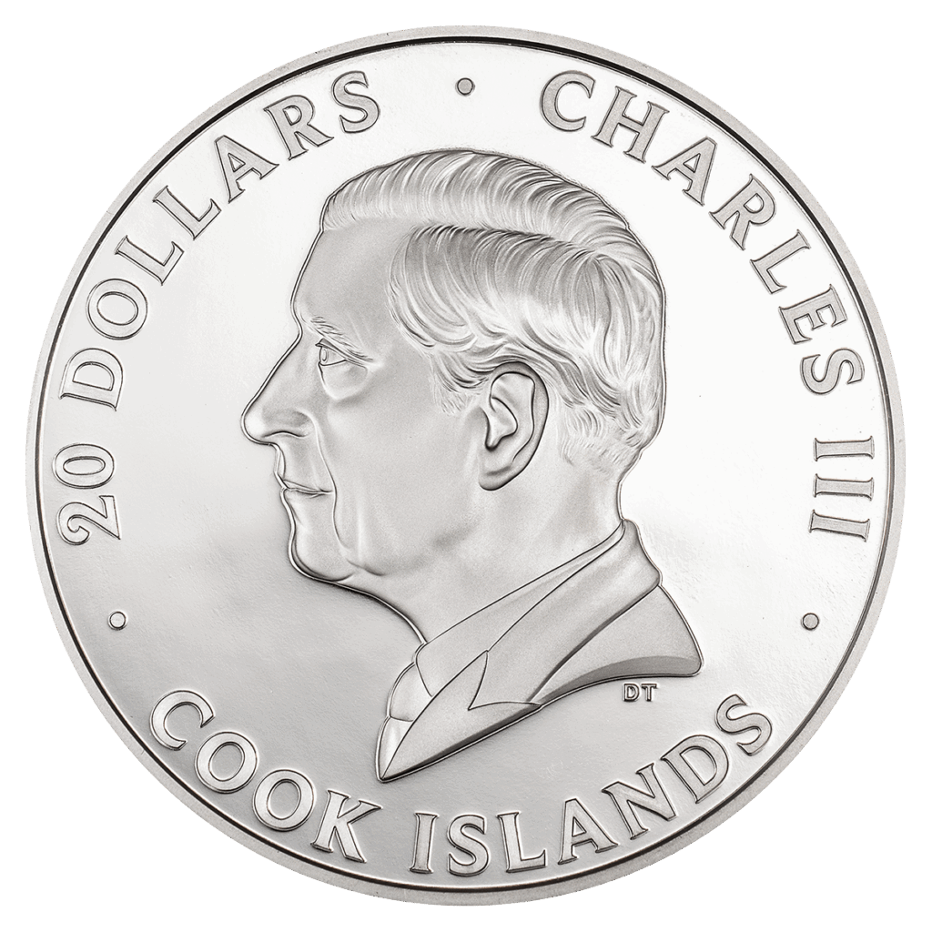La moneta da collezione 3 oz in argento Vista su New York 360° raffigura sul retro l'immagine di Carlo III con la scritta "Charles III Cook Islands 20 Dollars"