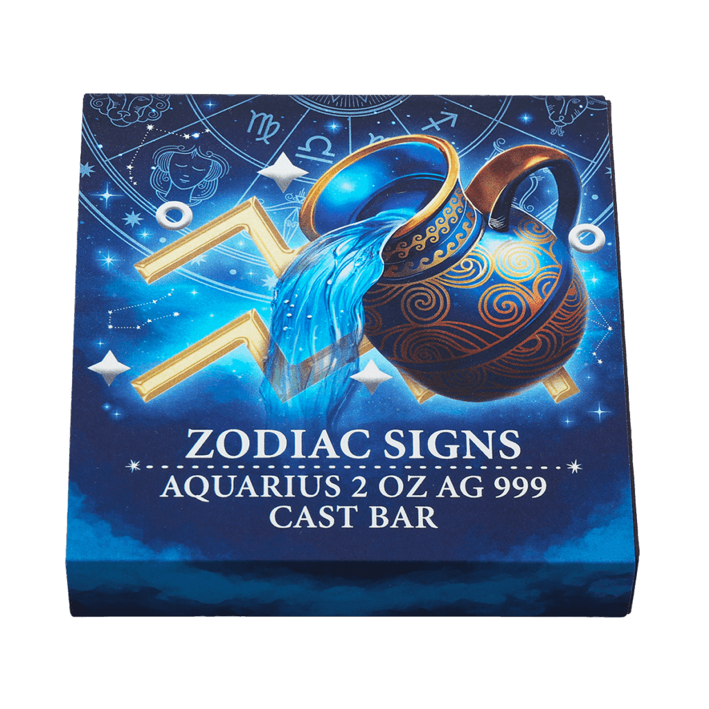 Box lingotto d’argento 2 oz da collezione rettangolare con illustrazione del segno zodiacale Acquario: anfora decorata da cui sgorga acqua su sfondo blu stellato e le scritte "ZODIAC SIGNS AQUARIUS 2 OZ AG 999 CAST BAR".