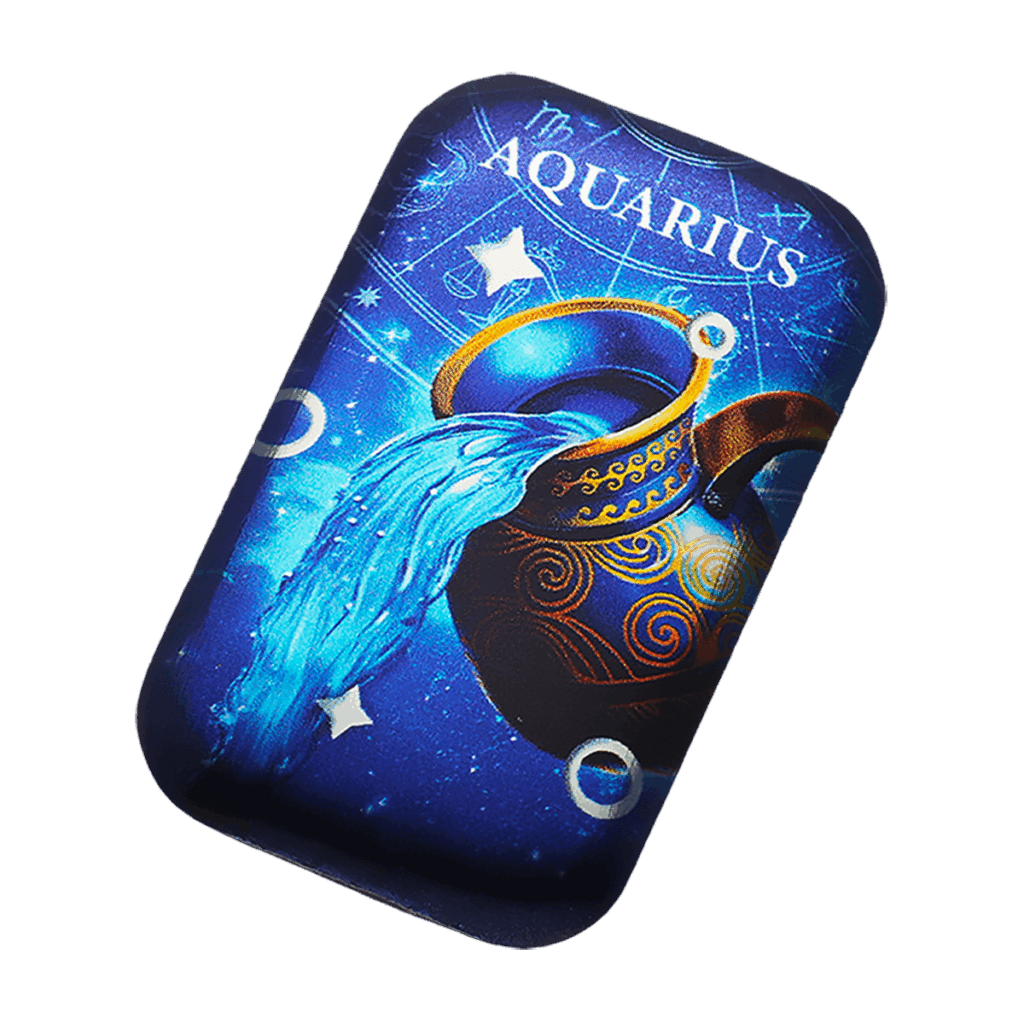 Lingotto d’argento inclinato 2 oz da collezione rettangolare con illustrazione del segno zodiacale Acquario: anfora decorata da cui sgorga acqua su sfondo blu stellato.