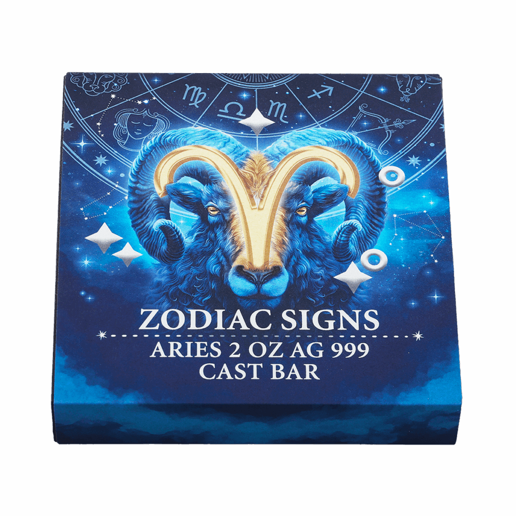 Box lingotto d’argento 2 oz da collezione rettangolare con illustrazione del segno zodiacale Ariete: testa frontale di ariete blu e arancione su sfondo blu stellato e le scritte "ZODIAC SIGNS ARIES 2 OZ AG 999 CAST BAR".