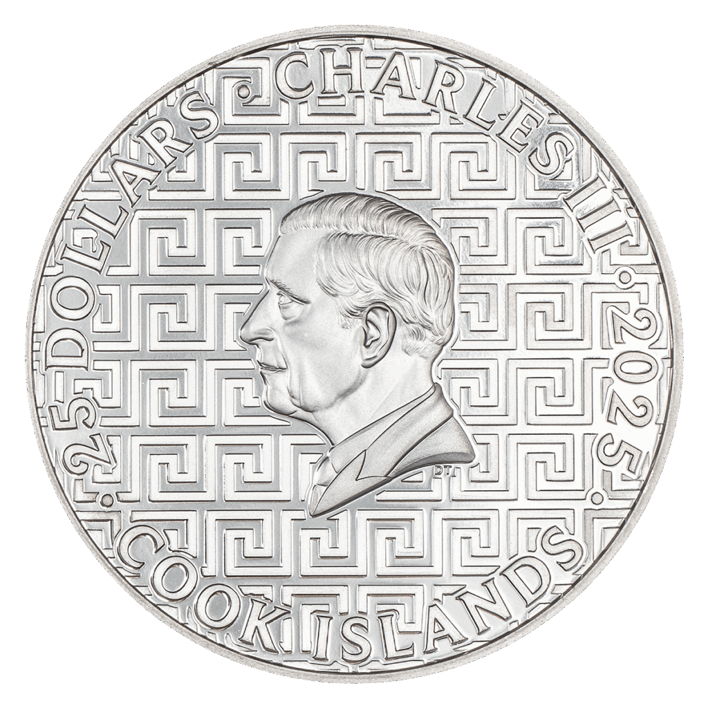 La moneda de plata de colección de 5 oz “Machu Picchu” muestra en el reverso la efigie de Carlos III, con la inscripción "Charles III 2025 Cook Islands 25 Dollars".