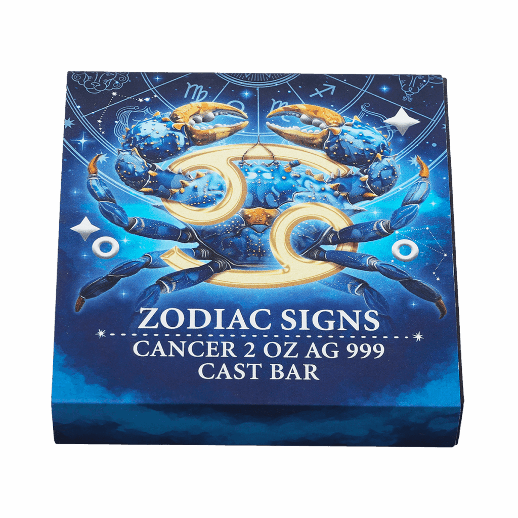 Box del lingotto d’argento 2 oz da collezione rettangolare con illustrazione del segno zodiacale Cancro: granchio blu con dettagli arancioni su sfondo blu stellato con scritta “ZODIAC SIGNS CANCER 2 OZ AG 999 CAST BAR"
