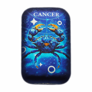 Lingote de colección rectangular de plata de 2 oz con el signo del zodíaco Cáncer: un cangrejo azul con detalles naranjas sobre un fondo azul estrellado, con “CANCER” en la parte superior.
