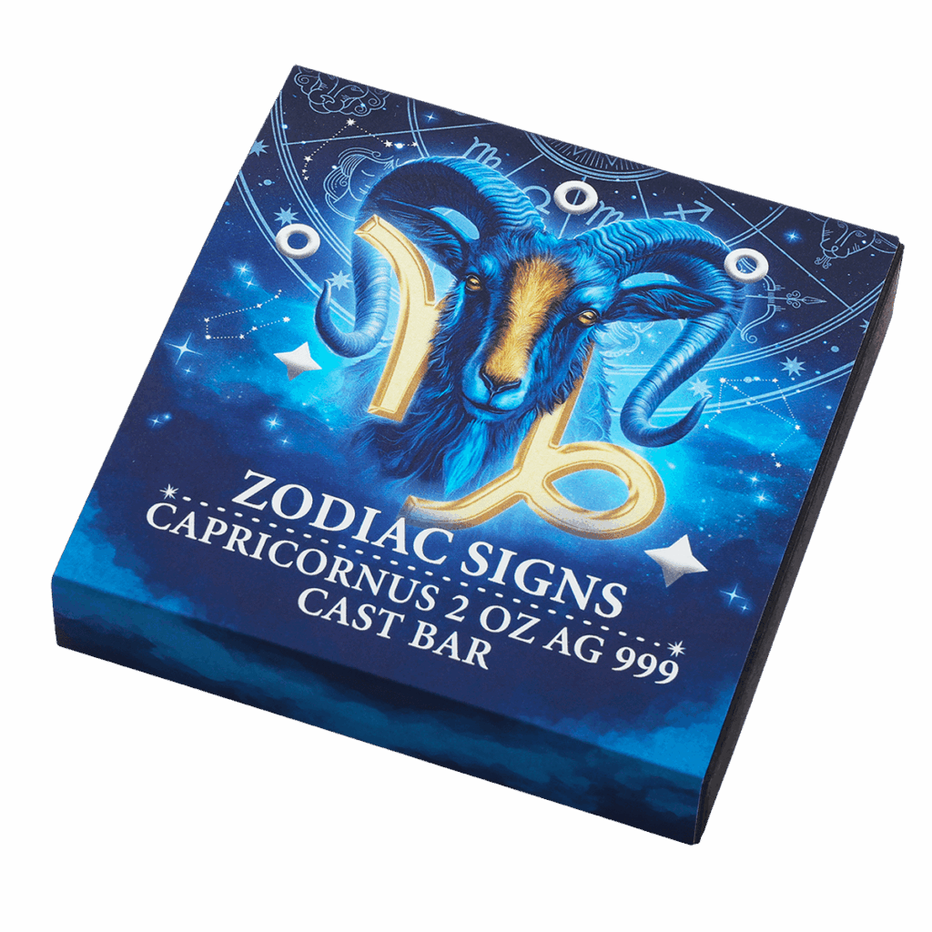 Box inclinato del lingotto d’argento 2 oz da collezione rettangolare con illustrazione del segno zodiacale Capricorno.