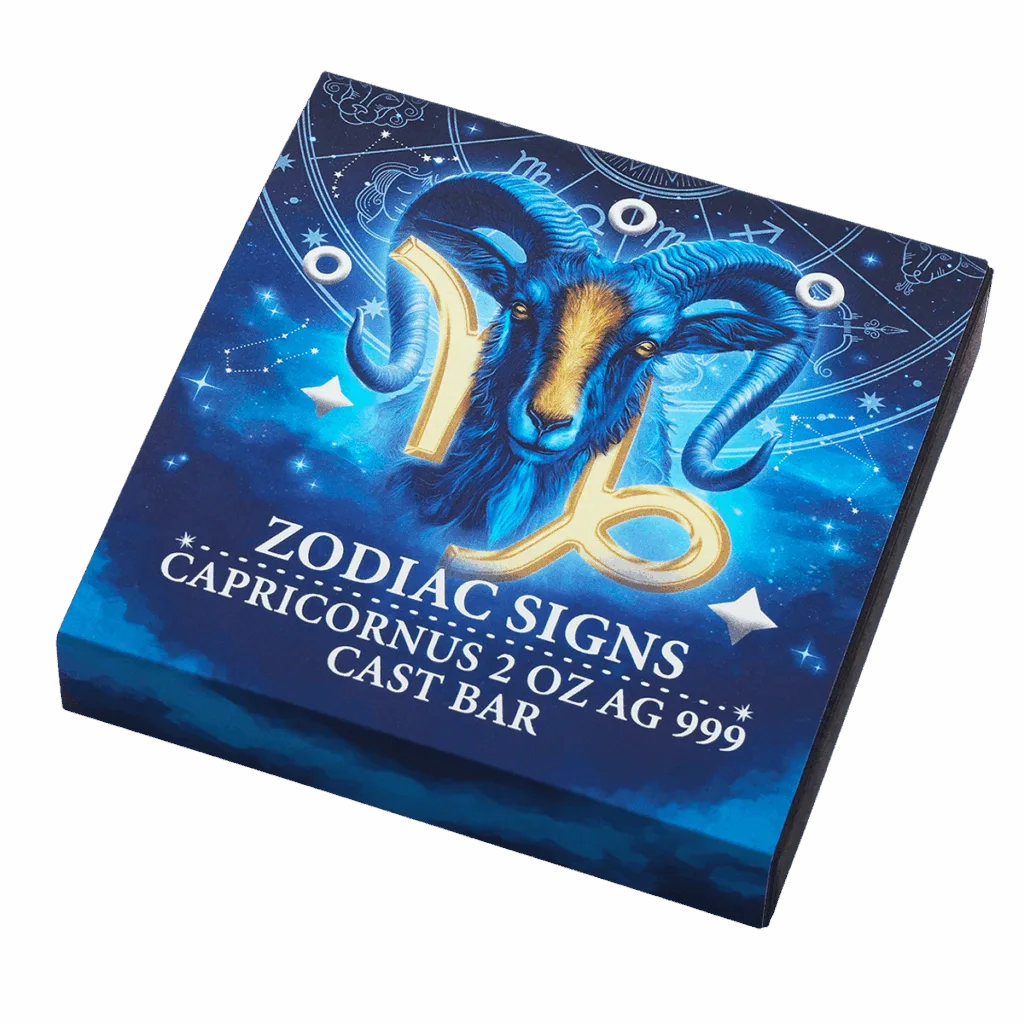 Vista inclinada del estuche del lingote de colección rectangular de plata de 2 oz con el signo del zodíaco Capricornio.