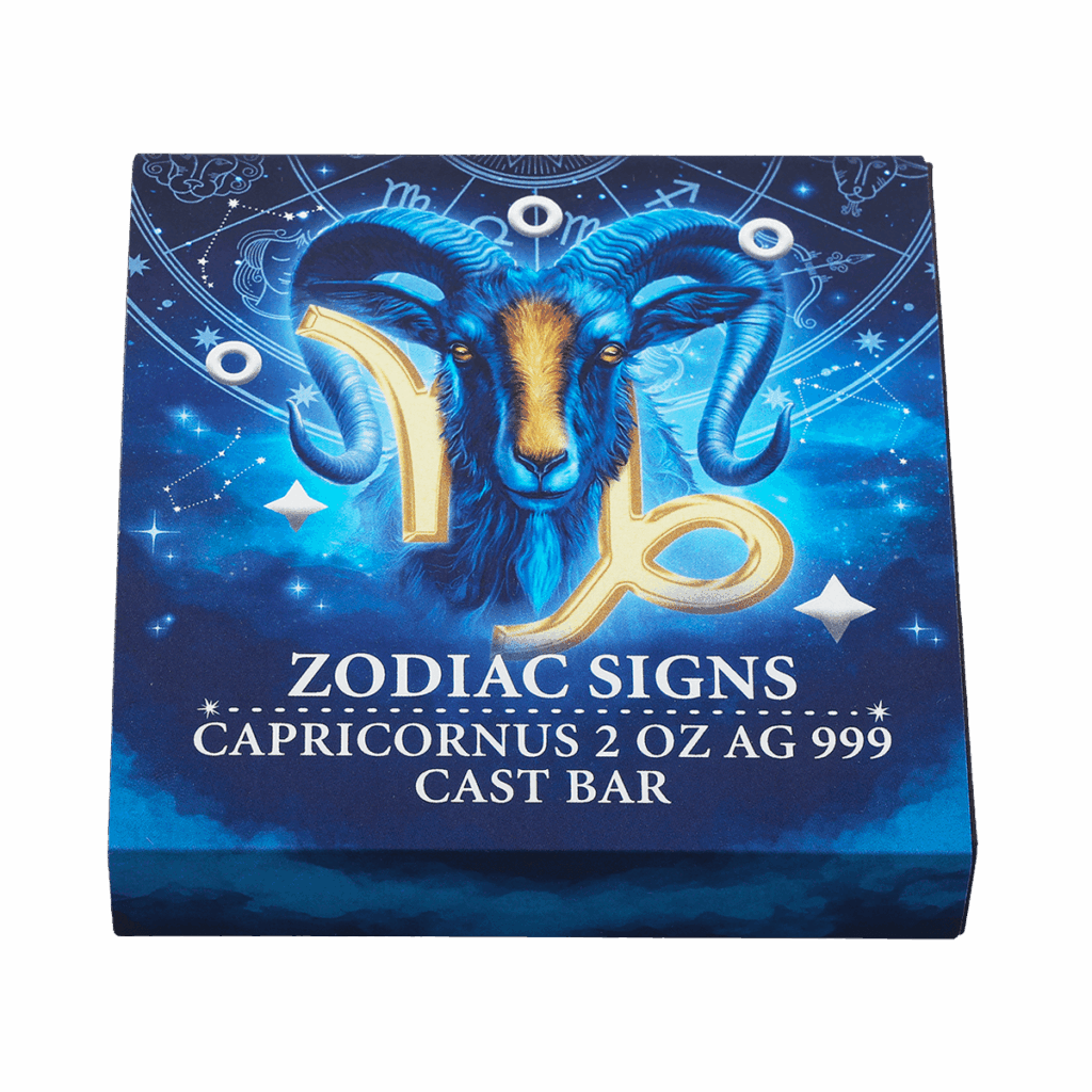 Box del lingotto d’argento 2 oz da collezione rettangolare con illustrazione del segno zodiacale Capricorno.