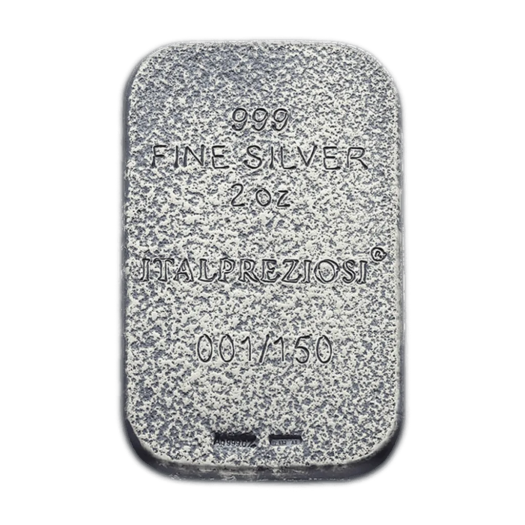 Reverso del lingote de colección rectangular de plata de 2 oz con el signo del zodíaco Capricornio, con las inscripciones "999 FINE SILVER 2 OZ ITALPREZIOSI".