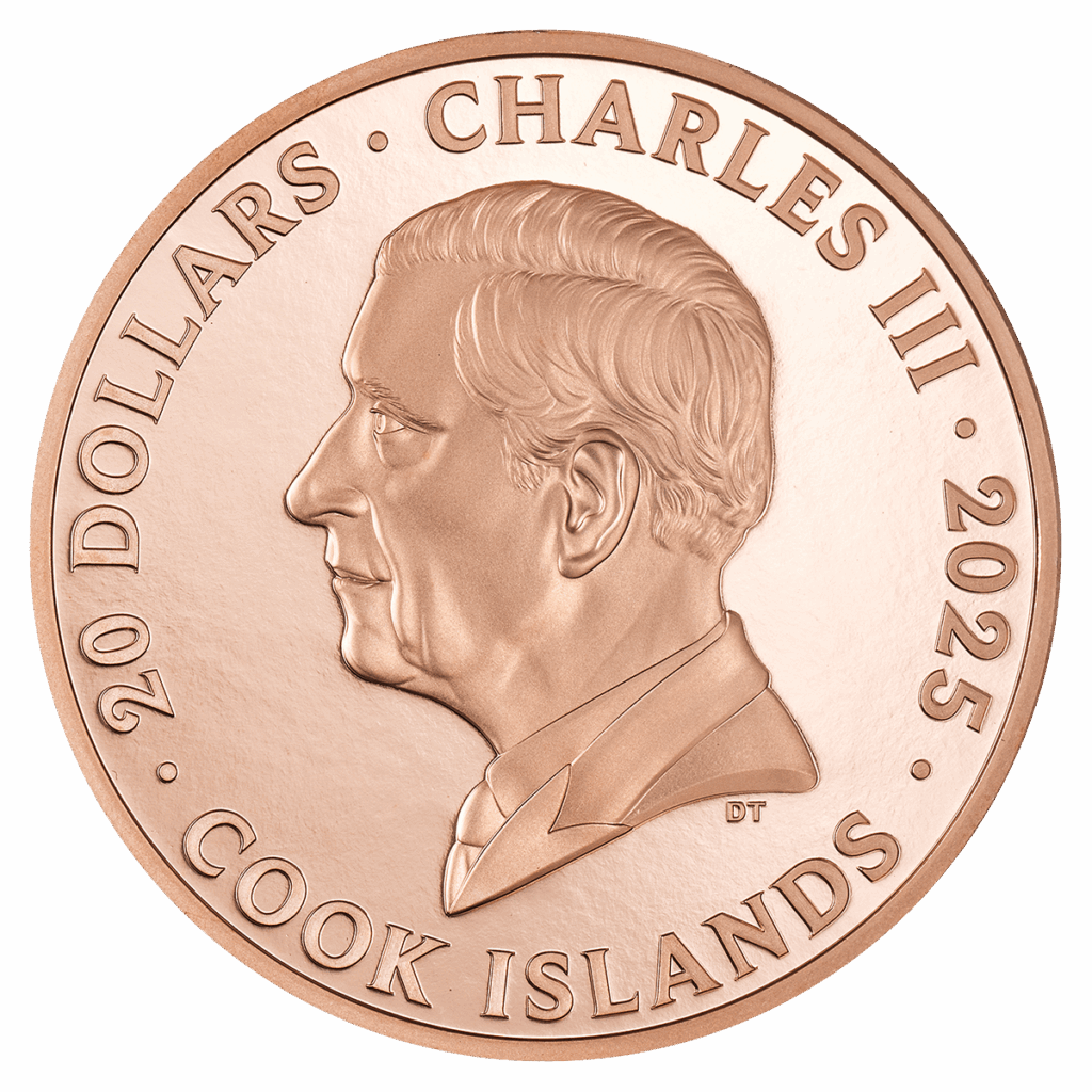 La moneda de plata de colección de 3 oz “Dunescape” muestra en el reverso la efigie de Carlos III, con la inscripción "Charles III 2025 Cook Islands 20 Dollars".