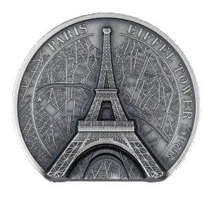 Moneta argento 2oz da collezione con raffigurata la torre Eiffel e la scritta "Paris Eiffel Tower 2024"