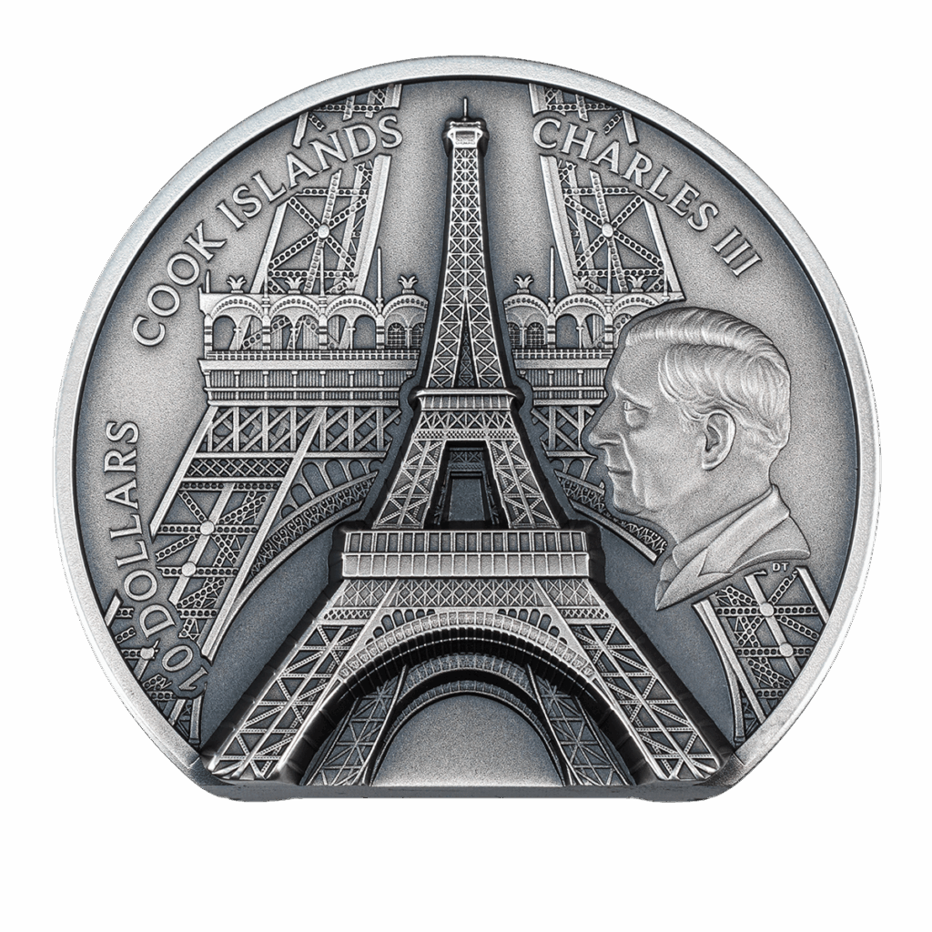 Moneta argento 2oz da collezione con raffigurata la torre Eiffel e Carlo III e la scritta "Charles III Cook Islands 10 Dollars"