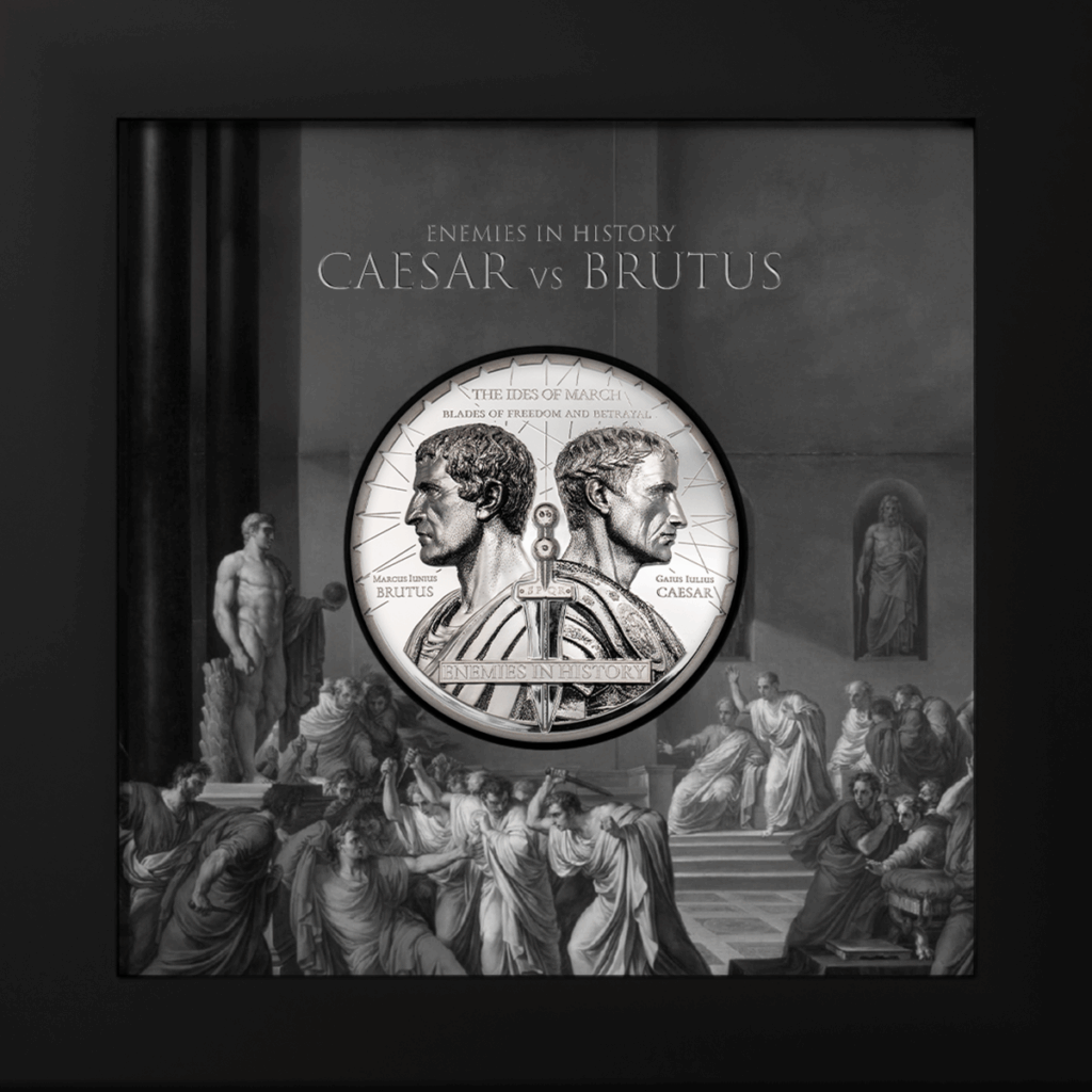 Moneta argento 2oz da collezione Enemies in history Caesar vs Brutus raffigurata insieme al suo box.
