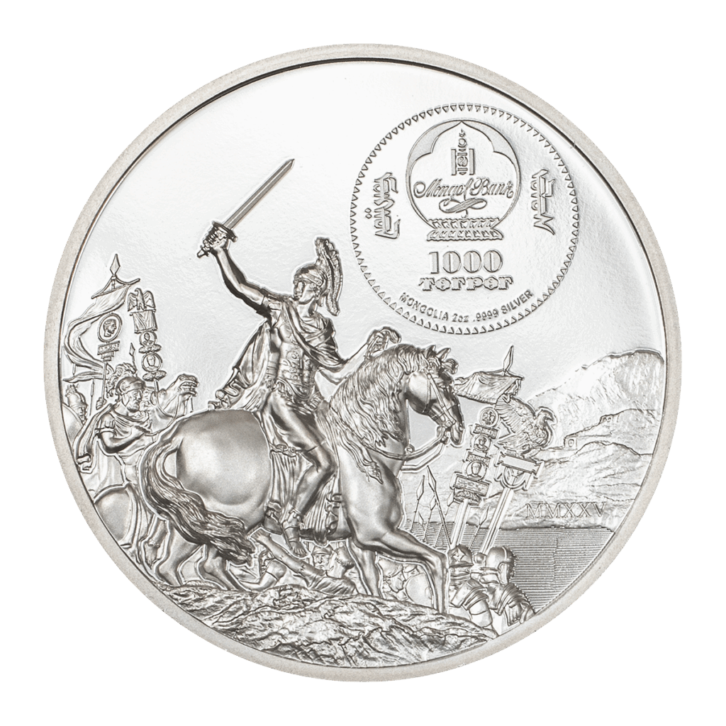 La moneta da collezione in argento 2oz raffigura un'immagine di una battaglia romana con un soldato a cavallo e la scritta "Mongolia 2oz 9999 SIlver"