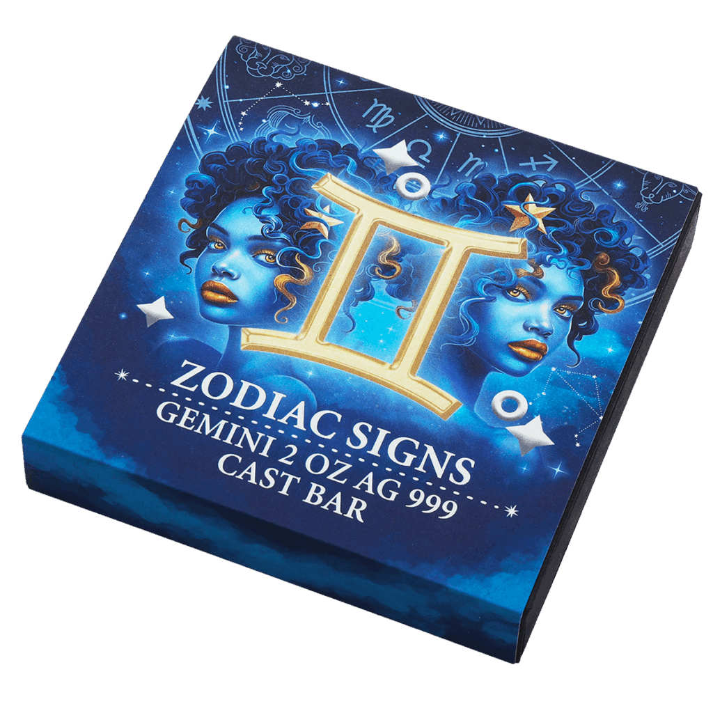Box inclinato del lingotto d’argento 2 oz da collezione rettangolare con illustrazione del segno zodiacale Gemelli: due figure femminili gemelle stilizzate in tonalità blu con capelli ricci, su sfondo blu stellato con le scritte “ZODIAC SIGNS GEMINI 2 OZ AG 999 CAST BAR”.