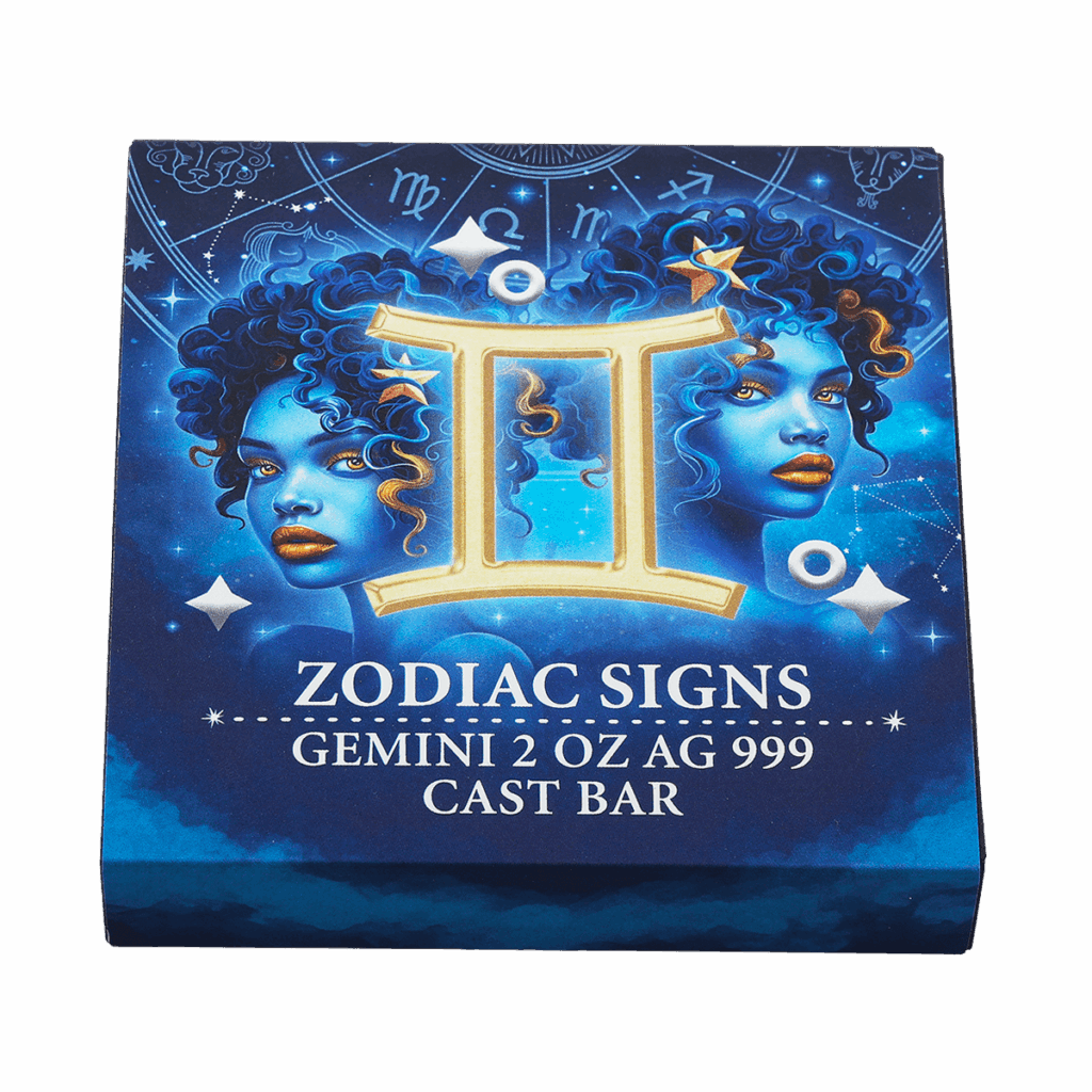 Box del lingotto d’argento 2 oz da collezione rettangolare con illustrazione del segno zodiacale Gemelli: due figure femminili gemelle stilizzate in tonalità blu con capelli ricci, su sfondo blu stellato con le scritte “ZODIAC SIGNS GEMINI 2 OZ AG 999 CAST BAR”.