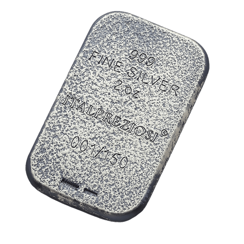 Retro inclinato del lingotto d’argento 2 oz da collezione rettangolare con illustrazione del segno zodiacale Gemelli con le scritte "999 FINE SILVER 2 OZ ITALPREZIOSI".