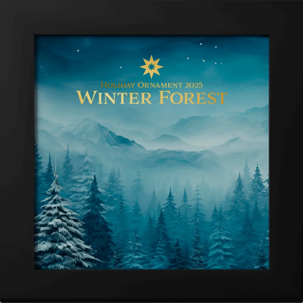1 oz silver collectible coin “Holiday Ornament – Winter Forest Gilded 2025,” presented with its box.