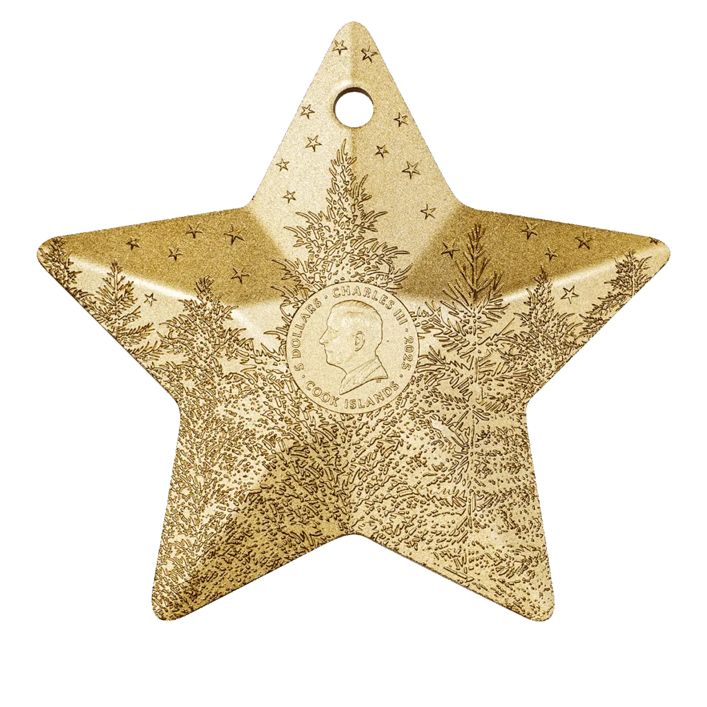 1 oz silver collectible coin “Holiday Ornament – Winter Forest Gilded,” star-shaped, featuring the effigy of Charles III and the inscription “Charles III 2025 Cook Islands 5 Dollars”.