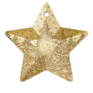 1 oz silver collectible coin “Holiday Ornament – Winter Forest Gilded,” star-shaped, featuring the effigy of Charles III and the inscription “Charles III 2025 Cook Islands 5 Dollars”.