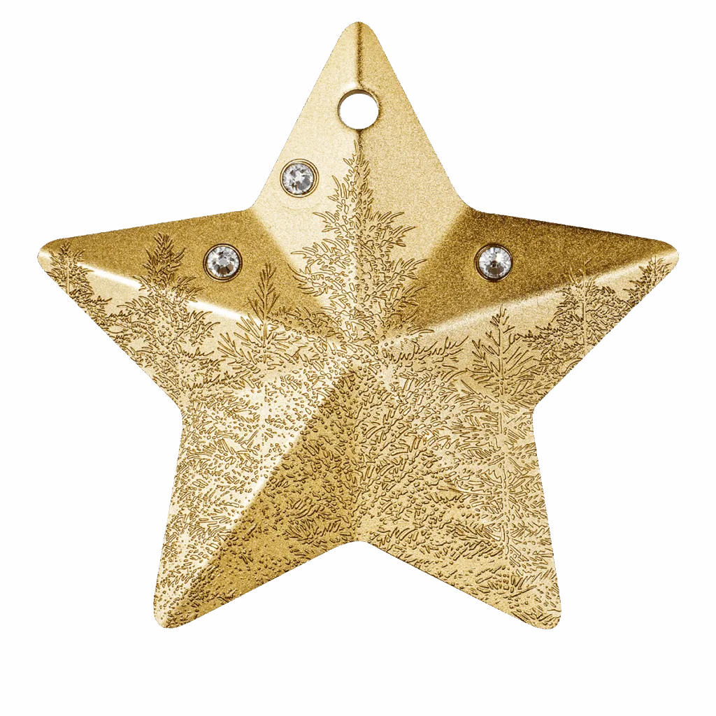 1 oz silver collectible coin “Holiday Ornament – Winter Forest Gilded,” star-shaped.