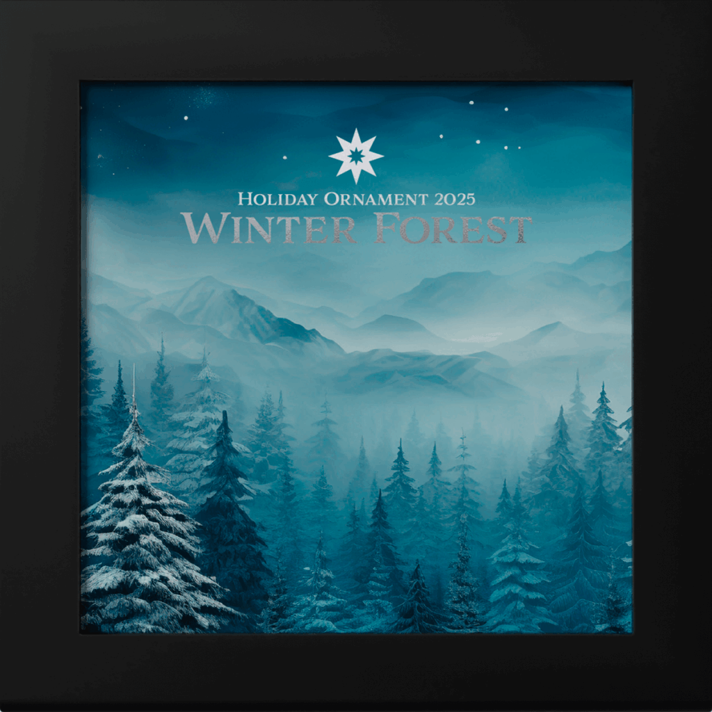 Moneta argento 1oz da collezione Decorazione Natalizia – Foresta Invernale Argento 2025 raffigurata insieme al suo box.