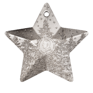 1 oz silver collectible coin “Holiday Ornament – Winter Forest Silver,” star-shaped, featuring the effigy of Charles III and the inscription “Charles III 2025 Cook Islands 5 Dollars”.