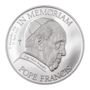 1 oz silver collectible coin depicting Pope Francis facing left, with the inscription "In memoriam Pope Francis 17 December 1936 21 April 2025 Jorge Mario Bergoglio".