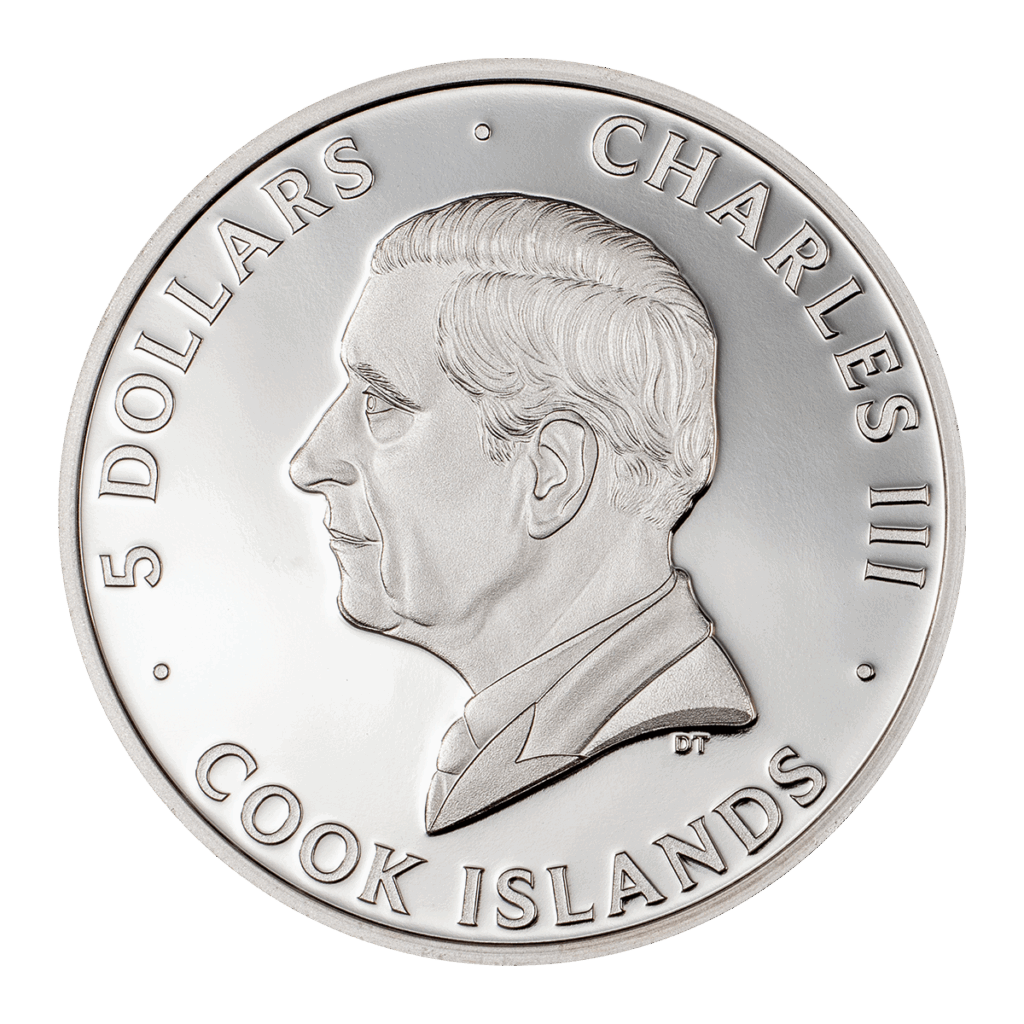 La moneta in argento da collezione 1oz “In memoriam Pope Francis" mostra la figura di Carlo III, con la scritta "Charles III Cook Islands 20 Dollars".