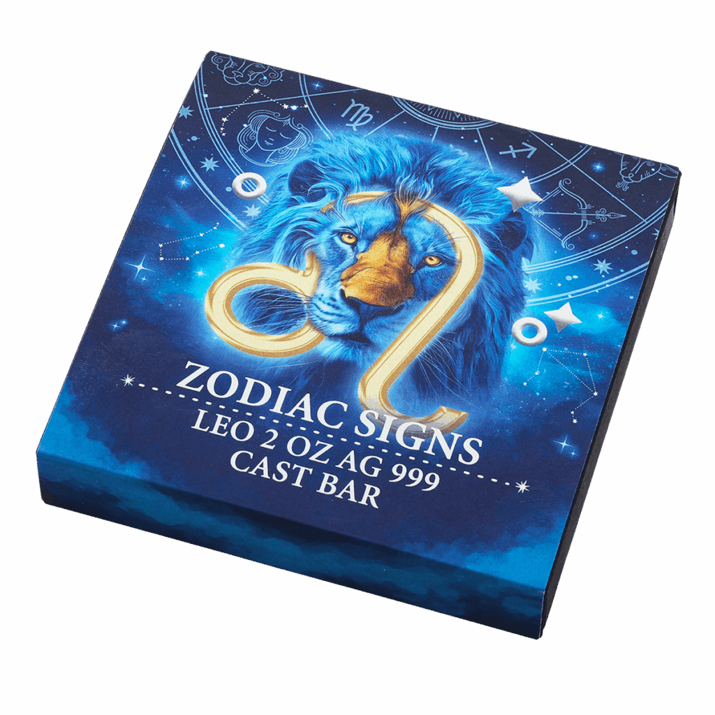 Box inclinato del lingotto d’argento 2 oz da collezione rettangolare con illustrazione del segno zodiacale Leone con le scritte "ZODIAC SIGNS LEO 2 OZ AG 999 CAST BAR"