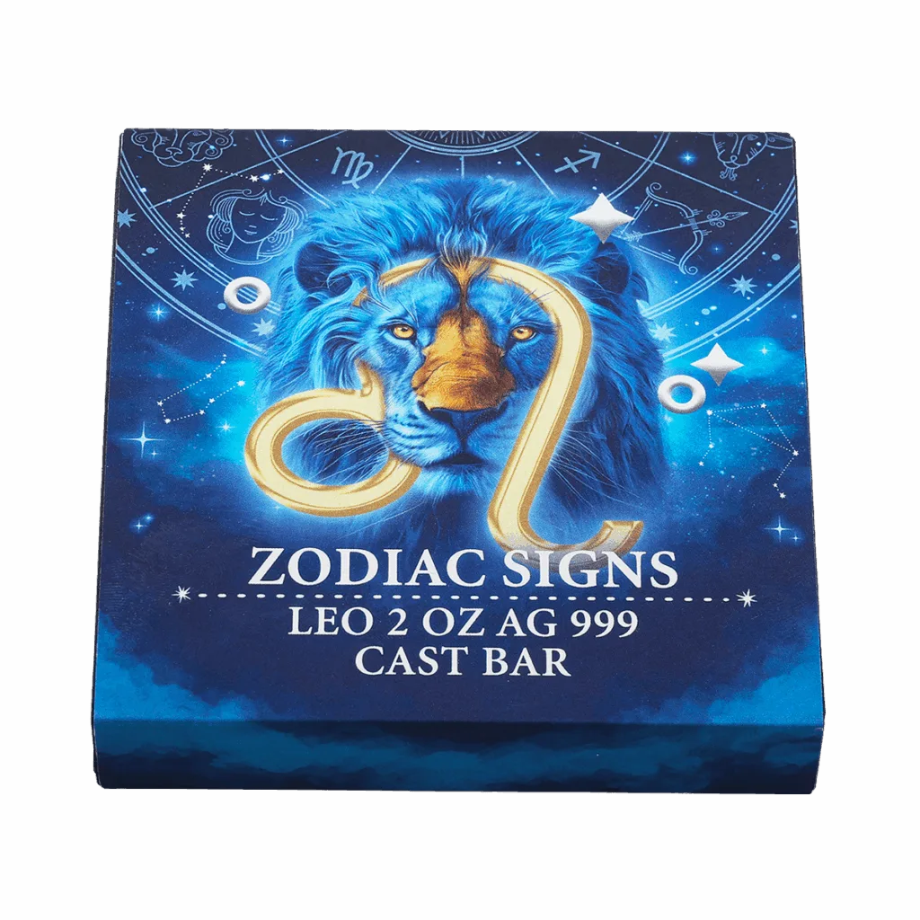 Presentation box for the rectangular 2 oz silver collector bar featuring the Leo zodiac sign, with the inscriptions "ZODIAC SIGNS LEO 2 OZ AG 999 CAST BAR".<br>