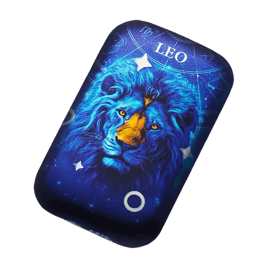 Tilted view of the rectangular 2 oz silver collector bar featuring the Leo zodiac sign: a front-facing blue lion’s head with a golden muzzle against a starry blue background, with “LEO” at the top.<br>