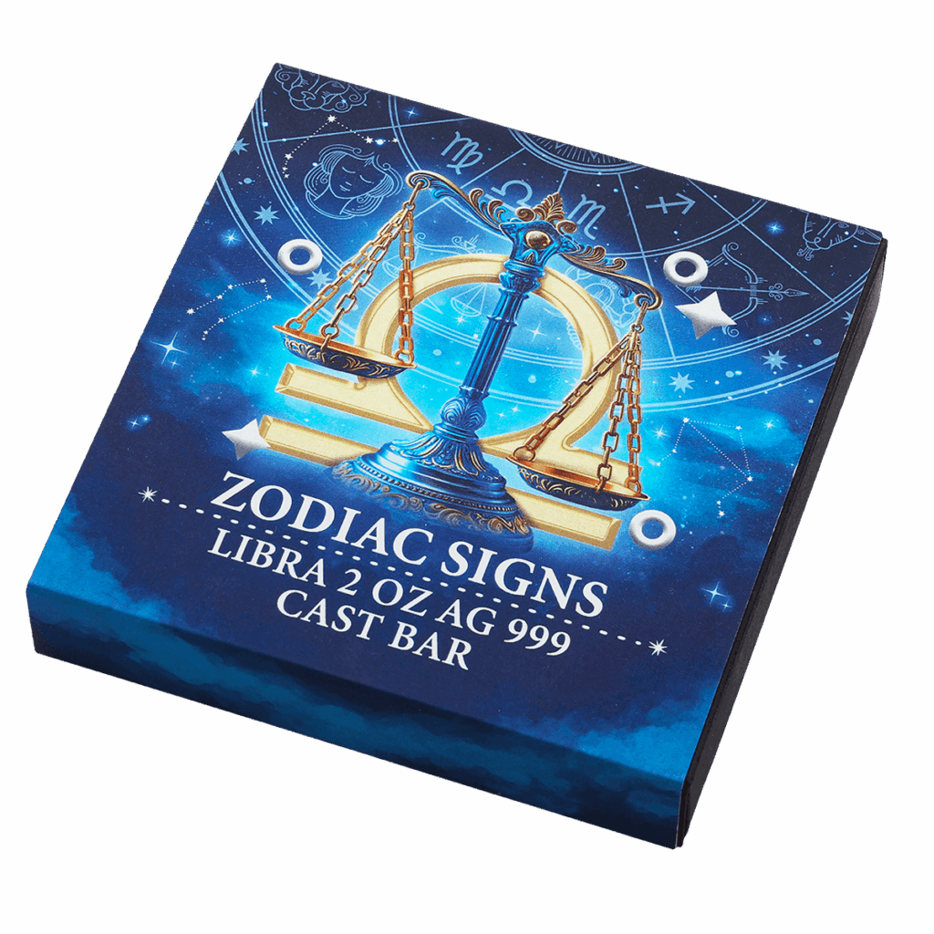 Box inclinato lingotto d’argento 2 oz da collezione rettangolare con illustrazione del segno zodiacale Bilancia: bilancia decorata su sfondo blu stellato.