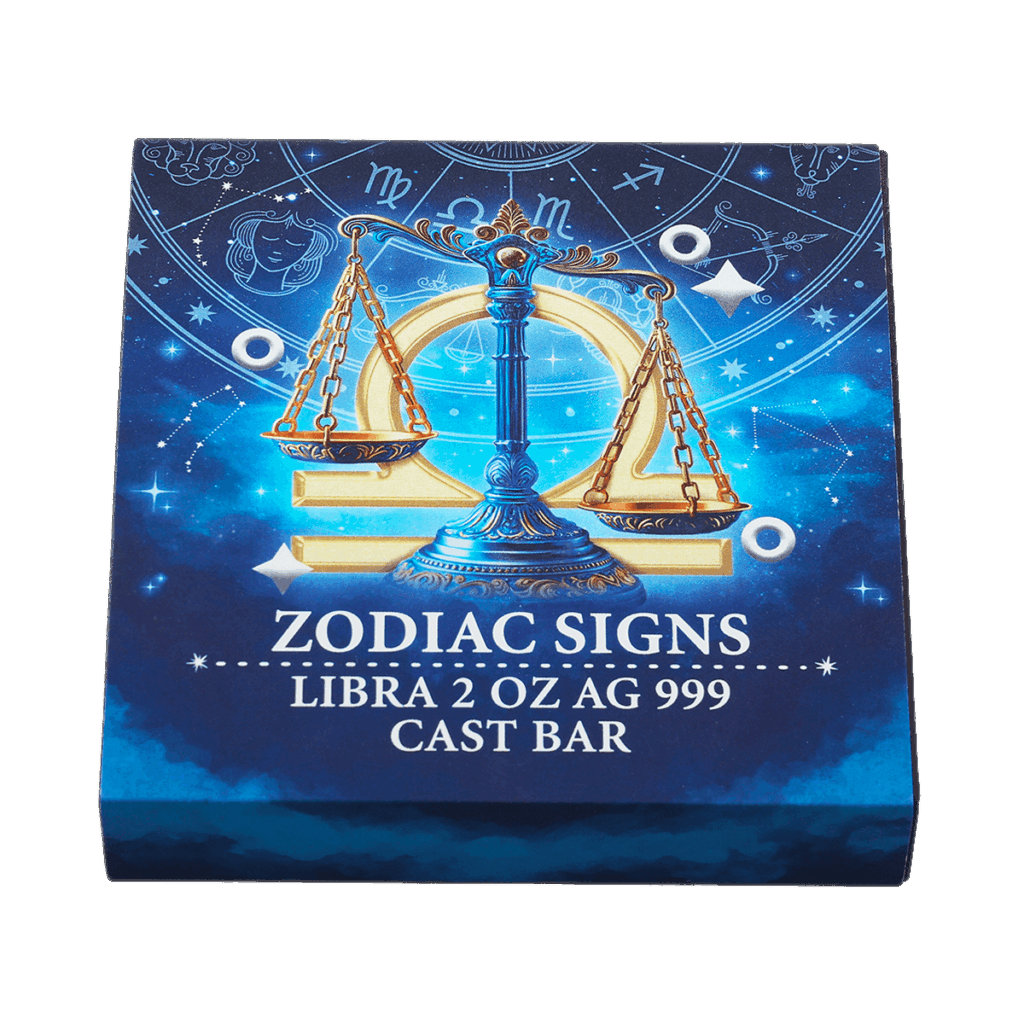 Box lingotto d’argento 2 oz da collezione rettangolare con illustrazione del segno zodiacale Bilancia: bilancia decorata su sfondo blu stellato.