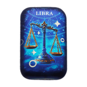 Lingote de colección rectangular de plata de 2 oz con el signo del zodíaco Libra: una balanza decorada sobre un fondo azul estrellado.