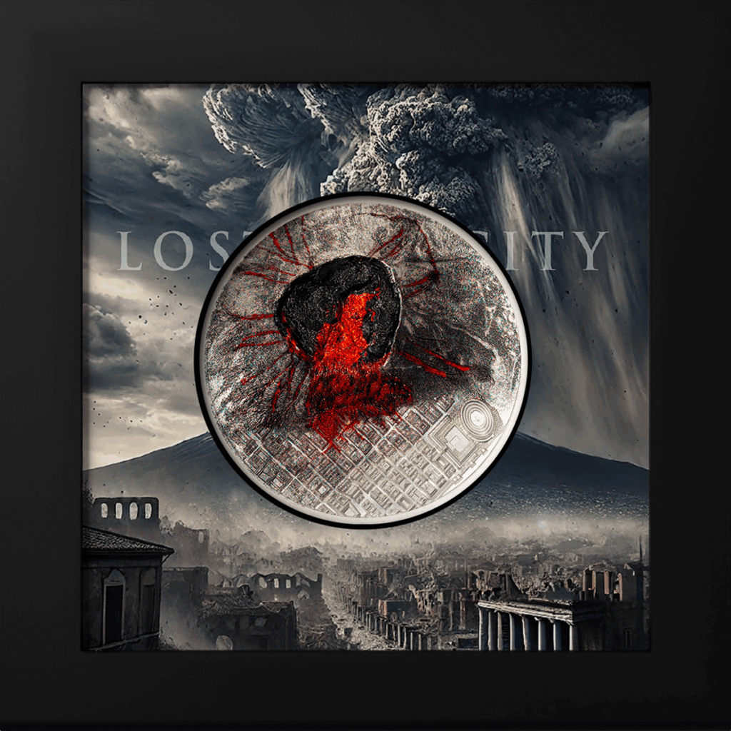 3 oz silver collectible coin “Lost City Pompeii 2025,” presented with its box.