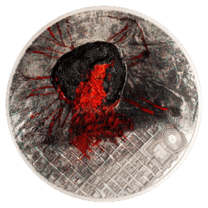 La moneta in argento da collezione 3oz "Lost city Pompeii 2025" raffigura l'eruzione del Vesuvio e la città di Pompeii