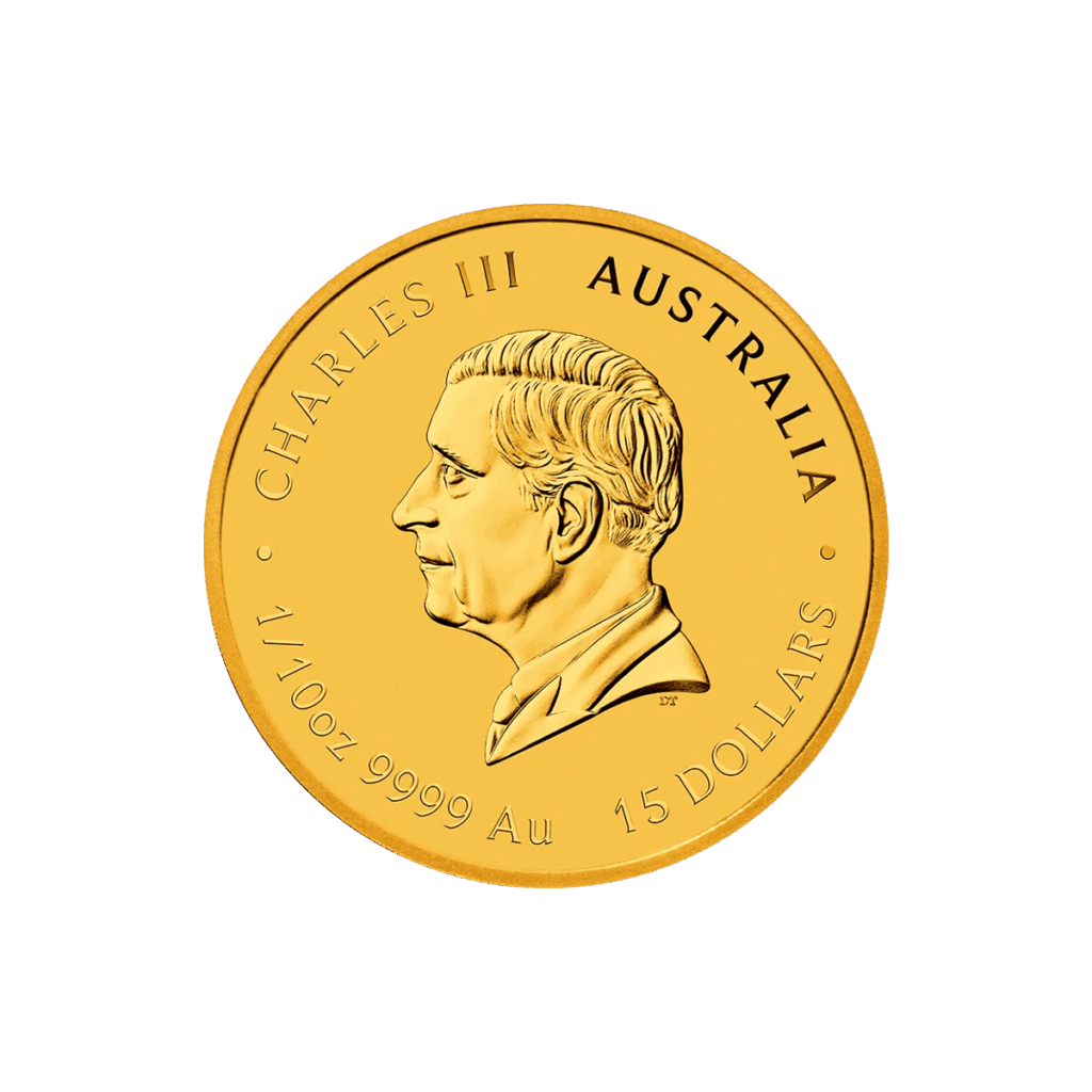 La moneta 1/10 oz in oro Anno del cavallo raffigura sul retro l'immagine di Carlo III con la scritta "Carlo III Australia 1/10oz 9999 Au 15 Dollars"