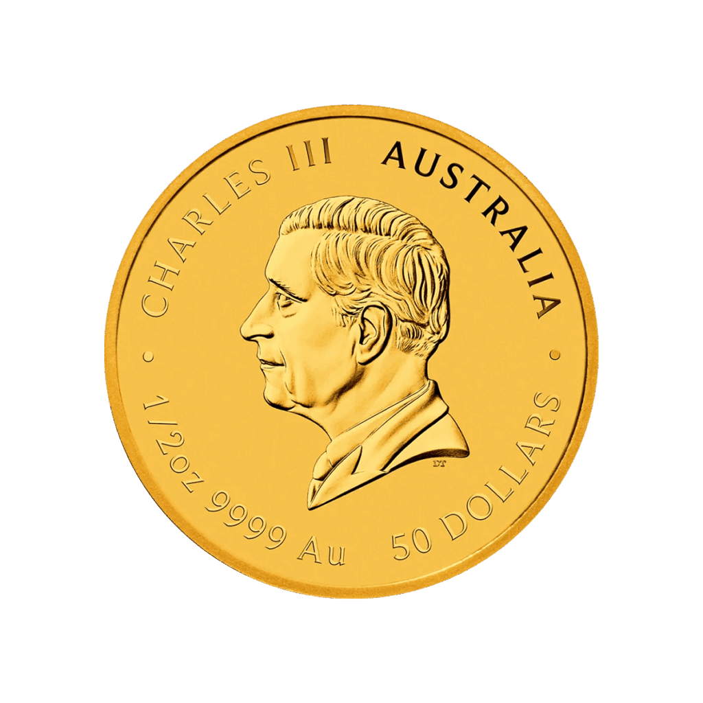 La moneda de oro de 1/2 oz del Año del Caballo muestra en el reverso la efigie de Carlos III, con la inscripción "Carlo III Australia 1/2 oz 9999 Au 50 Dollars"
