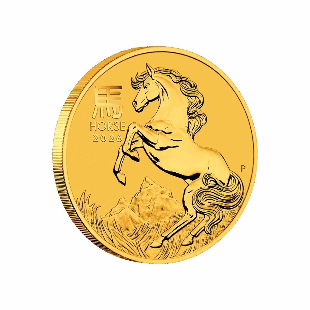 Moneta 1/4 oz in oro anno del cavallo raffigurante un cavallo su due zampe, vista di lato.