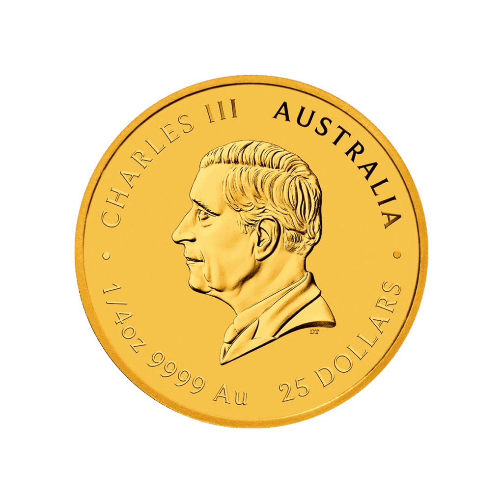 La moneta 1/4 oz in oro Anno del cavallo raffigura sul retro l'immagine di Carlo III con la scritta "Carlo III Australia 1/4 oz 9999 Au 25 Dollars"