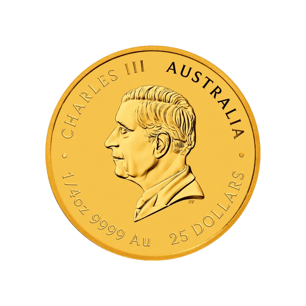 La moneta 1/4 oz in oro Anno del cavallo raffigura sul retro l'immagine di Carlo III con la scritta "Carlo III Australia 1/4 oz 9999 Au 25 Dollars"