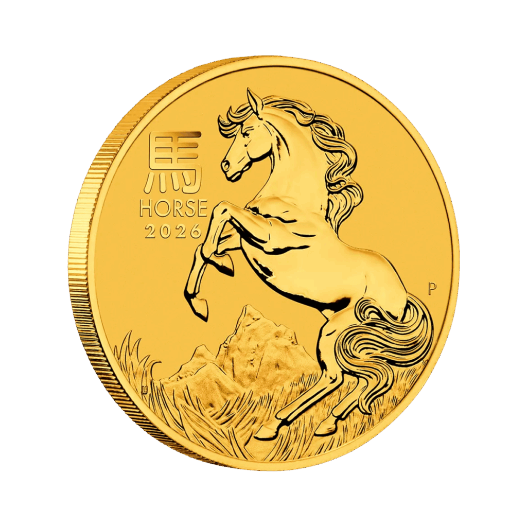 Moneta 1 oz in oro anno del cavallo raffigurante un cavallo su due zampe, vista di lato.