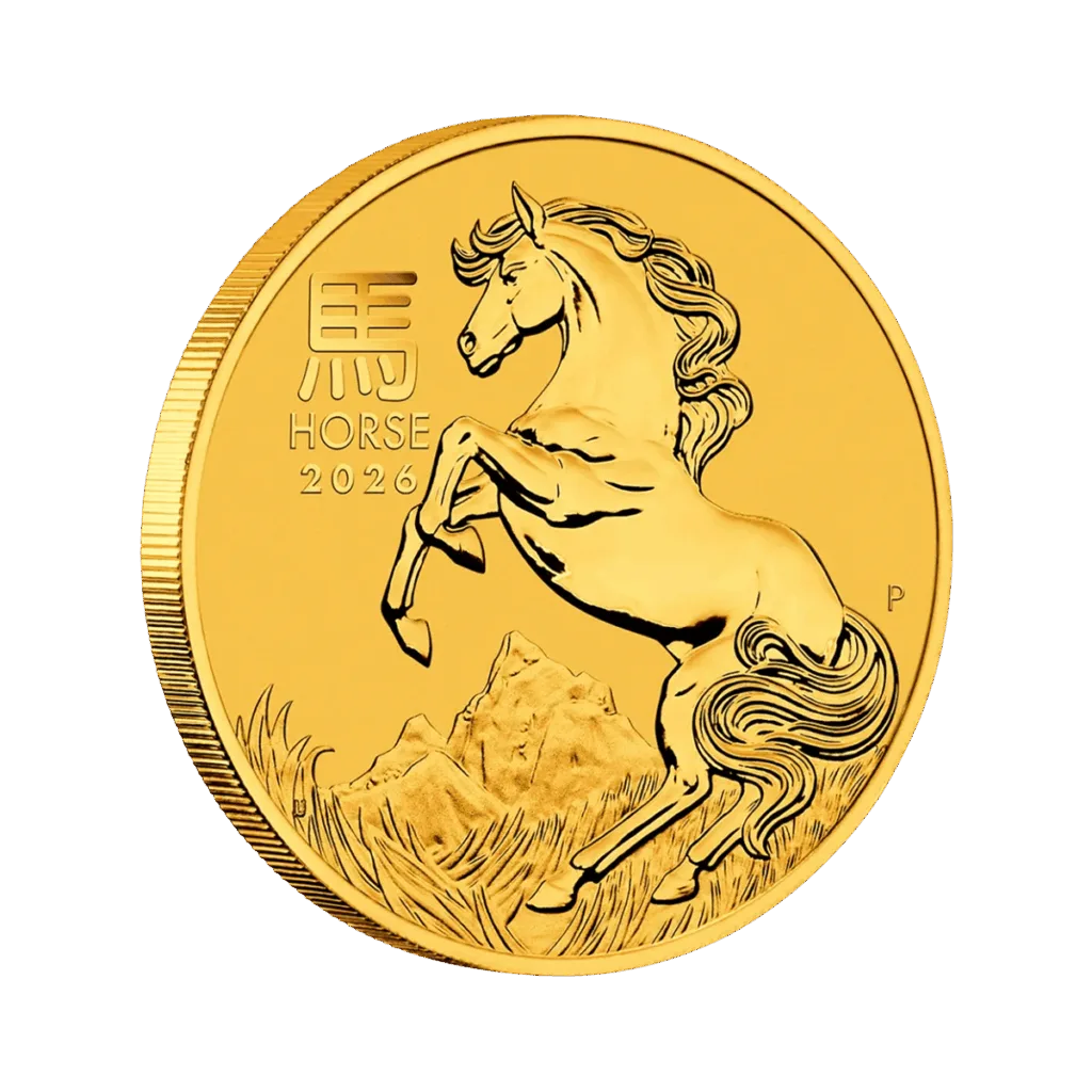 Moneta 1 oz in oro anno del cavallo raffigurante un cavallo su due zampe, vista di lato.