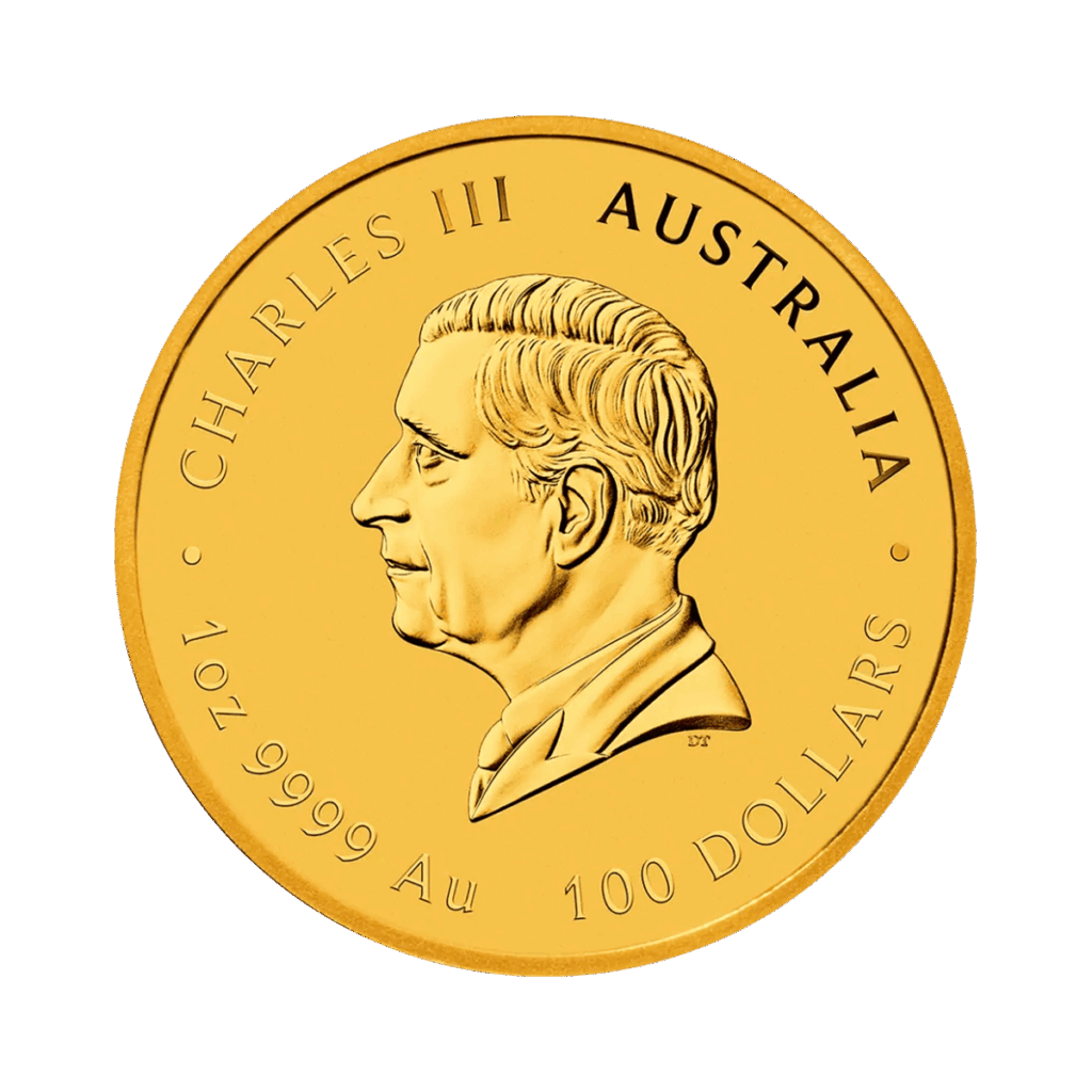 La moneta 1 oz in oro Anno del cavallo raffigura sul retro l'immagine di Carlo III con la scritta "Carlo III Australia 1oz 9999 Au 100 Dollars"