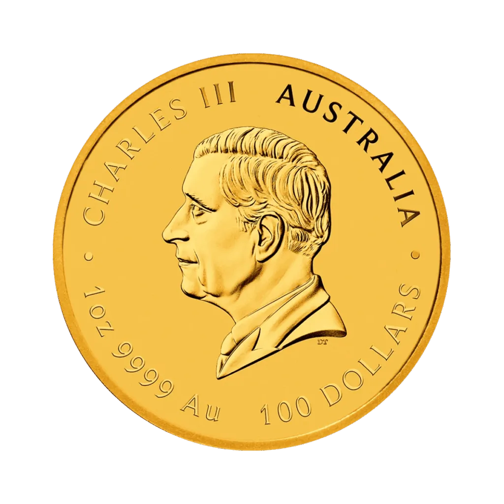 La moneta 1 oz in oro Anno del cavallo raffigura sul retro l'immagine di Carlo III con la scritta "Carlo III Australia 1oz 9999 Au 100 Dollars"