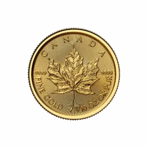 Moneda de oro Maple Leaf 2026 de 1/10 oz con una hoja de arce y las inscripciones "Canada Fine gold 1/10 oz pur 999.9"